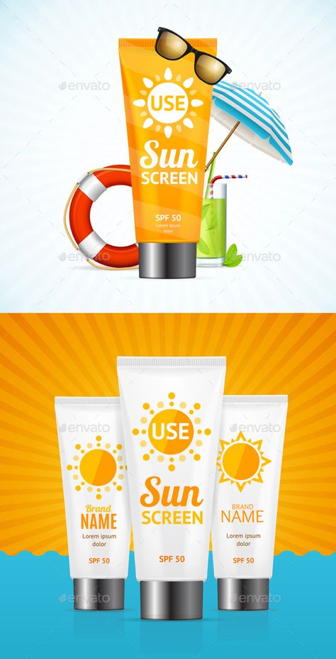 Sun Cream Summer Travel Concept. Vector Sun Screen Packaging Design, Sea Background, Sun Screen, Sun Cream, Cosmetic Packaging, Skin Cream, Illustration Vector, Bottle Design, Summer Travel