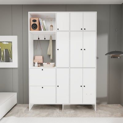 FUFU&GAGA Large Wardrobe Armoires Close with Adjustable Shelves and 3 Hooks, with Shoe Storage in the Armoires department at Lowes.com Door To Kitchen, White Armoire, Large Wardrobe, Lower Cabinets, Room Products, Large Wardrobes, White Cabinet, Wardrobe Armoire, Black Handles