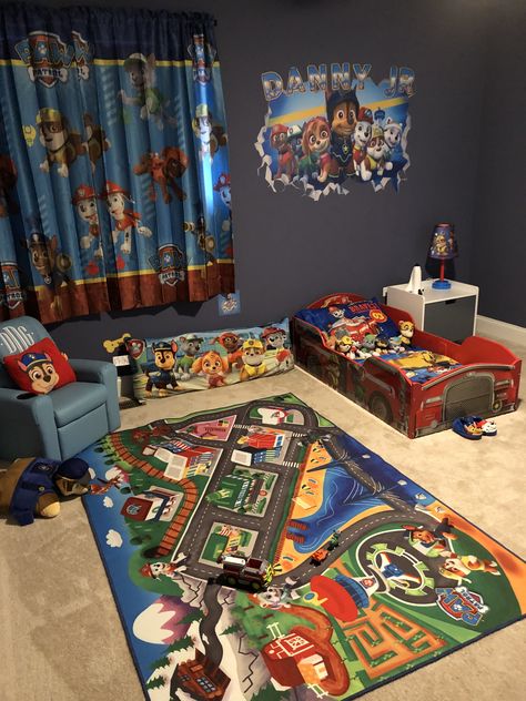 Paw Patrol Themed Bedroom Ideas, Paw Patrol Nursery, Paw Patrol Bathroom Ideas, Paw Patrol Bathroom, Boys Paw Patrol Bedroom, Paw Patrol Rug, Paw Patrol Toddler Room Boys, Paw Patrol Playroom, Paw Patrol Boys Bedroom