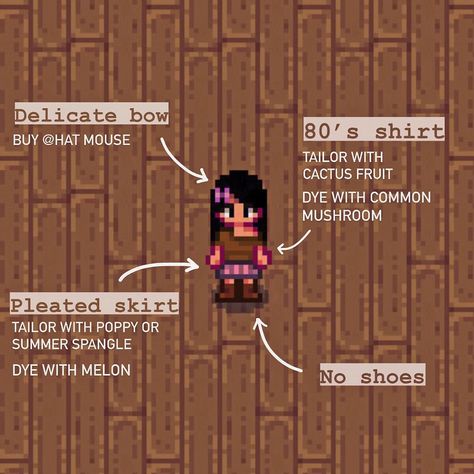 Cute Clothes Stardew Valley, Stardew Valley Sewing Machine Recipes, Stardew Valley Cute Clothes, Stardew Vally Outfits, Stardew Clothing Recipes, Stardew Valley Characters Design, Stardew Winter Outfit Ideas, Stardew Valley Witch Outfit, Cute Stardew Valley Starter Outfits