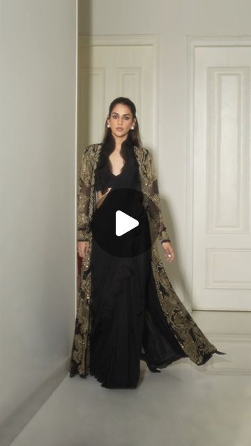 Saree With Jacket, Deepika Padukone Saree, Kajol Saree, Ridhima Bhasin, Drape Saree, Ruffle Collar, Deepika Padukone, Black Jacket, Muse