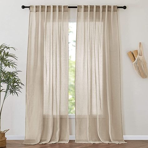 PONY DANCE Linen Curtains 108 inches Extra Long 2 Panels Set - Linen Texture Elegant Privacy Semi Sheer Drapes for Patio Door/Living Room, W52 x L108, Natural Burlap : Amazon.ca: Home Glass Door Bedroom, Light Filtering Window Treatments, Sheer Linen Curtains, Long Drapes, Window Sheers, Tab Curtains, Boho Curtains, Curtain Texture, Sheer Drapes