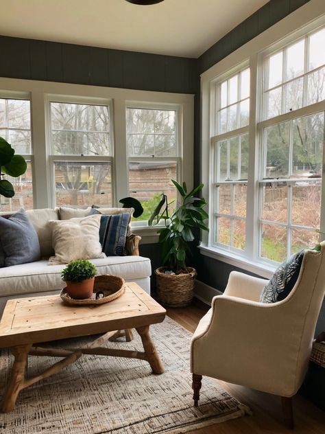 Sunroom All Windows, Sun Porch Family Room, Sunroom To Office, Sunroom Sitting Area, English Cottage Sunroom, Sunroom Decorating Ideas Bohemian, Scandinavian Sunroom, Sunroom Decorating Ideas Indoor, Narrow Sunroom Ideas