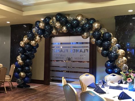 navy blue and gold balloon arch chrome balloons Blue Gold Balloon Arch, Navy Blue And Gold 50th Birthday, Navy Blue And Gold Balloon Garland, Navy Gold Balloon Arch, Navy Blue And Gold Balloon Arch, Navy Balloon Arch, Sweet 16 Navy Blue And Gold, Navy Ball Decorations, Navy Blue And Gold Birthday Party Ideas