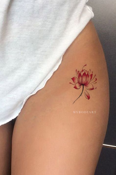 Cool Lotus Tattoo Ideas for Female – Small Inspirational Leg Tats – www.MyBodiArt.com Flower Thigh Tattoo, Thigh Tattoo Ideas, Small Thigh Tattoos, Upper Thigh Tattoos, Flower Thigh Tattoos, Watercolor Lotus, Lotus Tattoo Design, Petit Tattoo, Flower Tattoo Shoulder