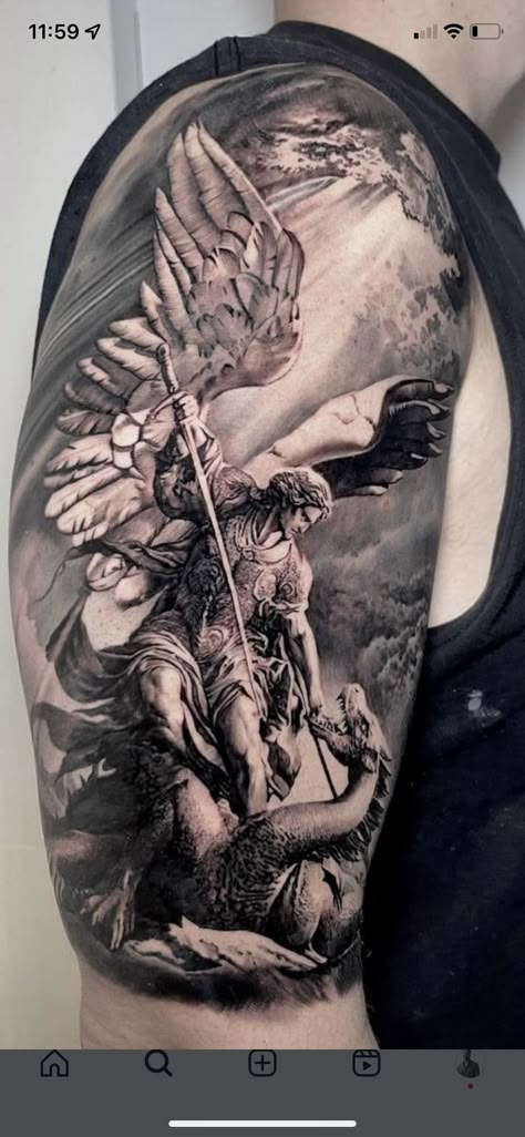 American Tattoo Sleeve, God Tattoo Ideas, Jesus Tattoo Sleeve, Angel Warrior Tattoo, Armor Of God Tattoo, Guardian Angel Tattoo Designs, Archangel Michael Tattoo, St Michael Tattoo, Michael Tattoo