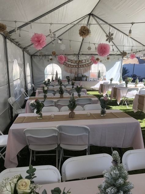 Winter ONEderland Birthday Party Party Under Carport, Rustic 18th Birthday Party Ideas, Pergola Party Decorating Ideas, How To Decorate A Tent For A Party, Backyard Sweet 16 Party Ideas Tent, Birthday Party Set Up Ideas Layout, Grad Party Tent Decorations, Outside Tent Party Ideas, Birthday Tent Decorations