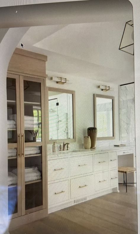 Inset Linen Cabinet, Vanity With Linen Cabinet, Bathroom Vanity With Tower, Second Bathroom, Master Bath And Closet, Mtv Cribs, Baths Interior, Bathroom Tall Cabinet, Addition Ideas