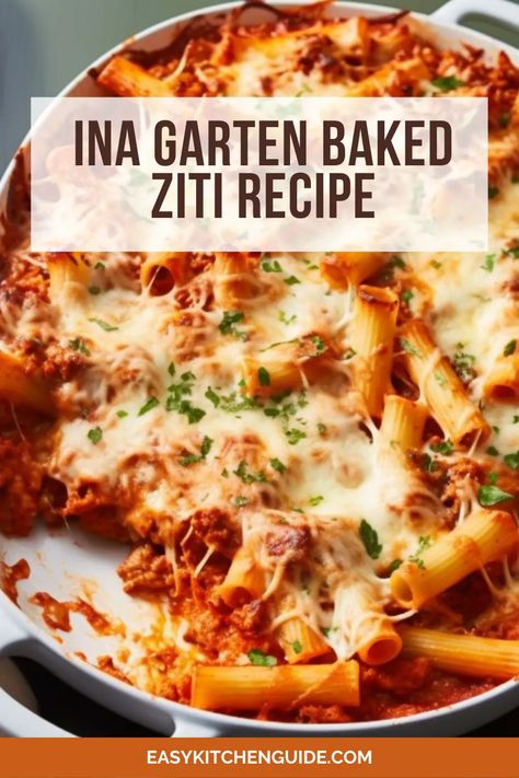 Ina Garten Baked Ziti Recipe - Easy Kitchen Guide Valerie Bertinelli Baked Ziti, Ina Garten Family Dinners, Ina Garten Baked Ziti, Ina Garten Italian Recipes, Giada Baked Ziti, Ziti Casserole Baked, Italian Supper Ideas, Best Ziti Recipe, Stove Top Baked Ziti