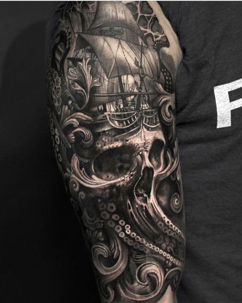 Pirate Tattoo Sleeve, Ship Tattoo Sleeves, Pirate Skull Tattoos, Pirate Ship Tattoos, Nautical Tattoo Sleeve, Kraken Tattoo, Tattoo Wallpaper, Sanskrit Tattoo, G Tattoo