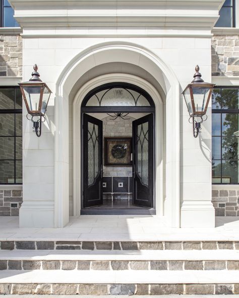 French Chateau-Style Entryway with Glass Doors and Copper Lanterns. Chateau Style Homes, Mediterranean Entrance, French Chateau Exterior, Homes Layout, Chateau Exterior, French Chateau Style Homes, Spanish Exterior, French Chateau Style, French Country Exterior