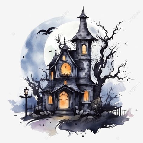 halloween haunted house with a crescent moon happy halloween watercolor vector illustrationxdxa Haunted House Graphic, Fall House Drawing, Halloween House Drawing, Haunted House Watercolor, Halloween Watercolor Art, Haunted House Art, Haunted House Pictures, Haunted House Clipart, Haunted House Drawing