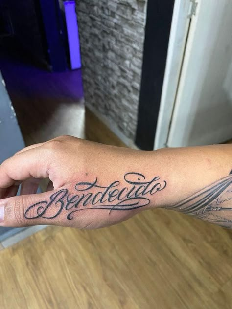 Lettering Hand Tattoos For Guys, Old Lettering Tattoo, Hand Name Tattoos For Guys, Josiah Name Tattoo, Mexican Font Tattoo, Hand Tattoos Script, Spanish Lettering Tattoos, Hand Tattoos Lettering, Hernandez Tattoo Lettering