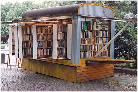 Fold-away book store Book Kiosk Design Ideas, Book Kiosk, Pvc Furniture Plans, Little Free Pantry, Urban Rooms, Newspaper Stand, Mobile Library, Library Inspiration, Book Exchange