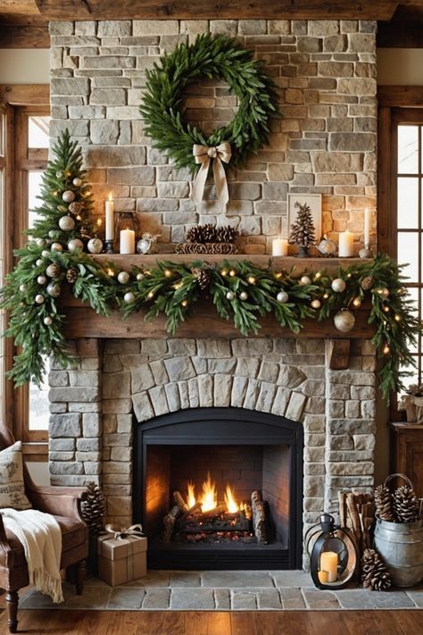 Fireplace Christmas Decorations Ideas, Fire Place Christmas Decor, Rustic Christmas Ideas, Christmas Fireplace Decor Ideas, Christmas Fireplace Decorations, Fireplace Christmas Decor, Farmhouse Christmas Trees, Christmas Inn, Airstone Fireplace