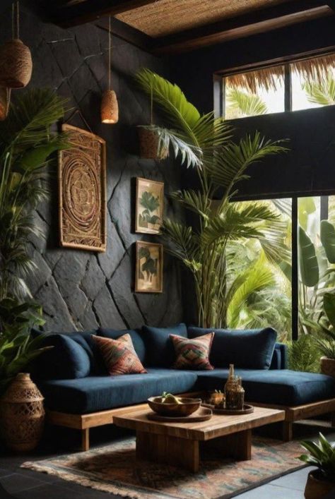 Dark Tropical Interior, Jungle Interior Design Living Room, Jungle Inspired Living Room, Real Living Room Ideas, Bali Inspired Living Room, Balinese Living Room, Bali Living Room, Room Tattoos, Jungle Living Room