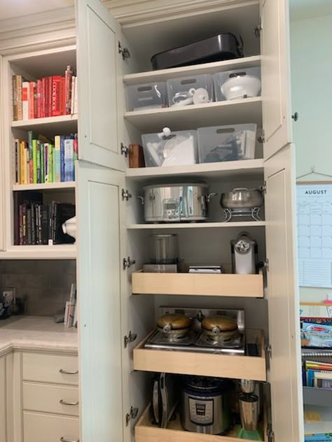 Closet For Kitchen Appliances, Small Appliance Storage Cabinet, Small Appliance Cabinet Storage, Butler Pantry Small Space, Closet Appliance Storage, Pantry With Shelf For Appliances, Pantry Shelves For Appliances, Small Appliance Closet, Appliance Shelf In Pantry