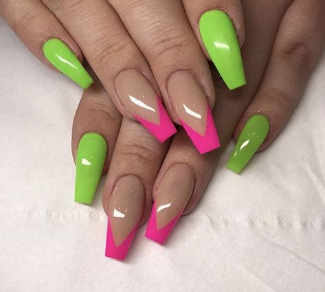 Pink Lime Green Nails, Neon Pink And Green Nails Acrylic, Pink And Green Nails Acrylic, Pink And Lime Green Nails, Pink And Green Acrylic Nails, Hot Pink And Green Nails, Neon Pink And Green Nails, Pink And Green Nail Designs, Aka Nails