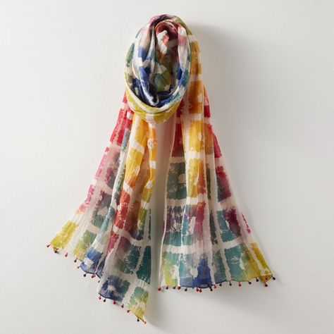 Scarf - Festive in all seasons, this colorful silk scarf is dyed by hand using the shibori technique. The edges dance with tiny silk spheres. Shibori Techniques, Shibori, Silk Scarf, All Seasons, Silk