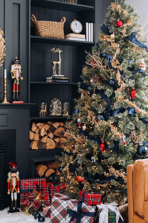 Nov 11, 2018 - Hello, friends. It's that time of year again to start thinking about Christmas decor. I Red And Gold Christmas Tree, Blue Christmas Decor, Blue Christmas Tree, Gold Christmas Decorations, Red Christmas Tree, Christmas Tree Inspiration, Traditional Christmas Tree, Beautiful Christmas Trees, Gold Christmas Tree