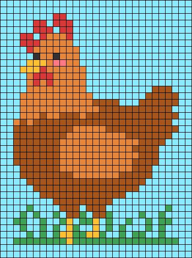 Chicken Alpha Pattern, Chicken Cross Stitch Patterns, Chicken Pixel Art, Pixel Macrame, 32x32 Pixel Art Grid, Rooster Cross Stitch, Chicken Cross Stitch, Character Blankets, Chicken Chick