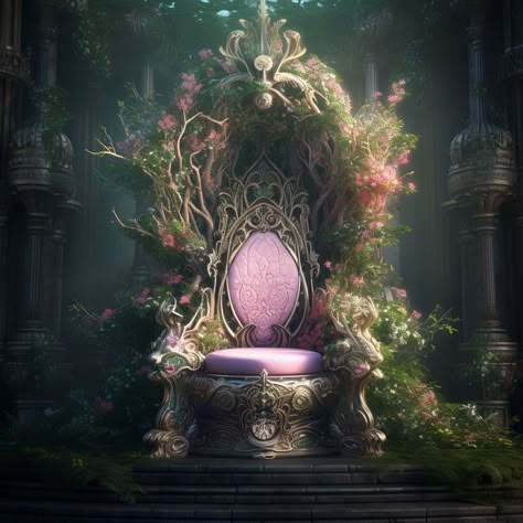 Queen Throne Aesthetic, Throne Room Fantasy Art, Nature Throne, Throne Concept Art, Fantasy Throne Room, Forest Throne, Throne Aesthetic, Fae Kingdom, Queens Throne