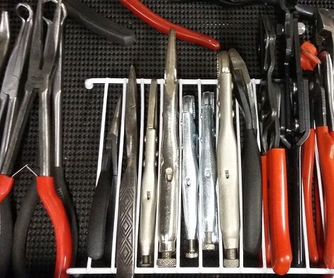 Pliers Storage Ideas, Pliers Storage, Diy Pliers Holder, Pliers Organization, Diy Pliers Organizer, Organized Tool Box Drawers, Leathercraft Tool Organizer, Allen Wrench Organizer, Tool Box Diy