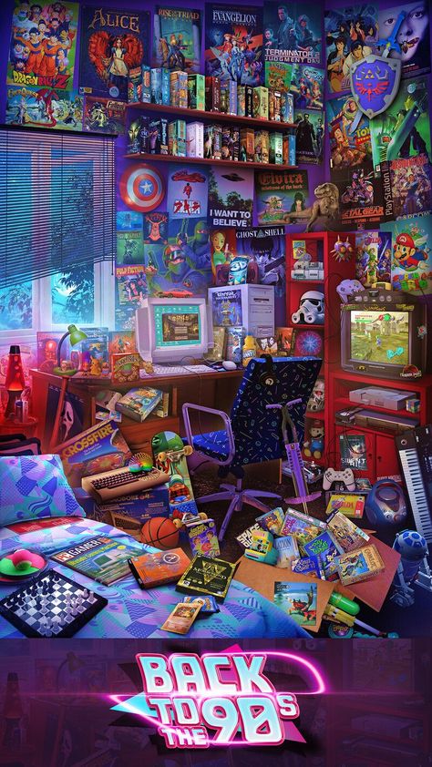 ArtStation - The Ultimate 90s Gaming Room, Rachid Lotf 90s Games Wallpaper, Retro Games Wallpaper, Nerd Room, Retro Gaming Art, Gaming Posters, New Retro Wave, Desktop Wallpapers Backgrounds, Gamer Room, Ghost In The Shell