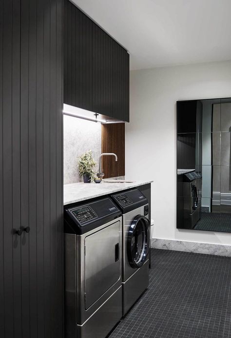 Dark Colour Palette, Laundry Makeover, Black Floor Tiles, Laundry Space, Modern Renovation, Laundry Design, Modern Laundry Rooms, Laundry Room Ideas, Laundry Room Inspiration