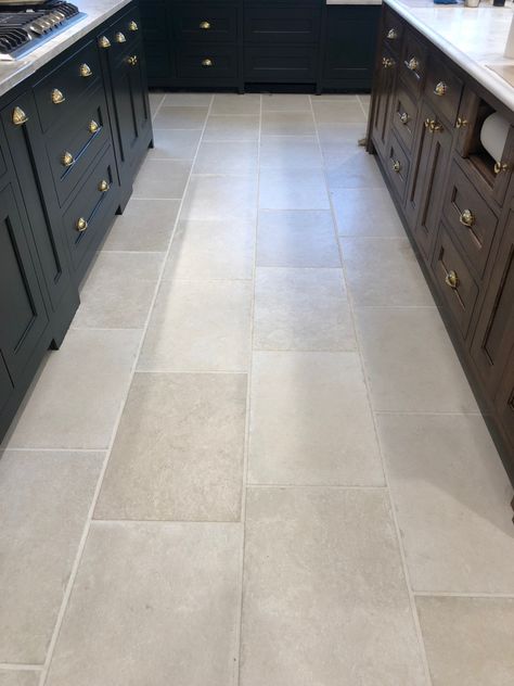 Neutral Kitchen Tile Floor, Neutral Kitchen Tiles, Large Kitchen Tiles, Plain English Kitchen, Large Floor Tiles, Limestone Floor Tiles, Neutral Tile, Time Poster, Plain English