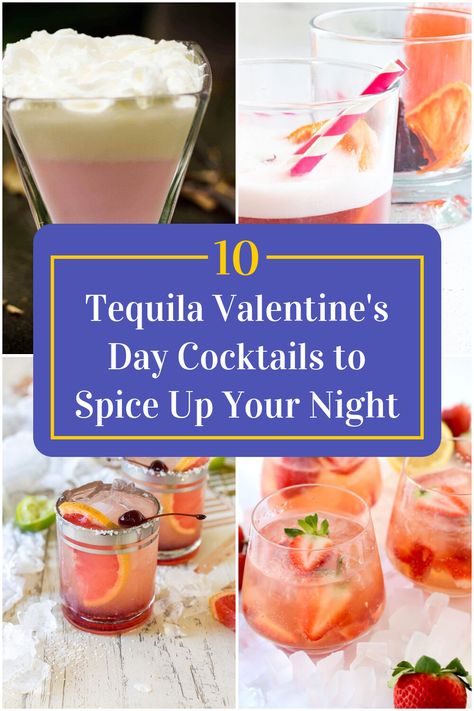 Collage of 4 tequila valentine's day cocktails. Valentine Drinks Tequila, Valentine’s Day Margarita, Cocktails With Tequila Rose, Valentine’s Day Cocktail Recipes, Valentine’s Day Cocktails Tequila, Day Cocktails, Best Tequila, Tequila Cocktails, Drink Up