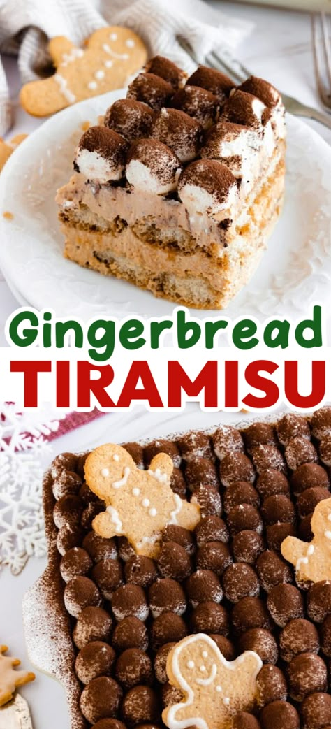 Gingerbread Tiramisu – Fun twist on the classic dessert, this easy Gingerbread Tiramisu will sure to be the hit at your Christmas party! Inspired by the classic Christmas flavor, this gingerbread dessert won’t disappoint! Ginger Bread Dessert Ideas, Eggnog Gingerbread Tiramisu, Gingerbread Christmas Desserts, Christmas Dinner Party Desserts, Deserts For Christmas Dinner, Christmas Potluck Ideas Desserts, Potluck Christmas Desserts, Gingerbread Deserts, Christmas Brunch Dessert Ideas