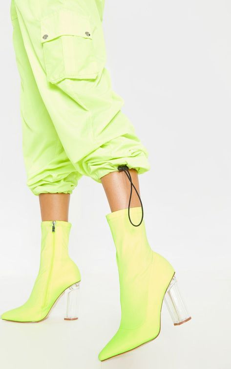 Neon Yellow Clear High Heel Sock Boot | Shoes | PrettyLittleThing USA Ankle Sock Boots, Clear High Heels, Sock Boot, Sock Booties, Boot Shoes, Sock Boots, Socks And Heels, Hype Shoes, Crop Top And Shorts