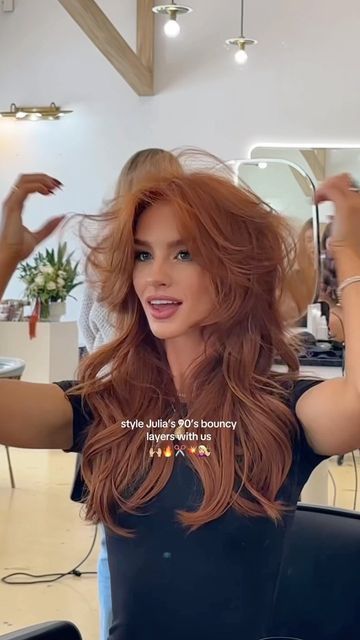 Chrissy Ellingson Rasmussen on Instagram: "Come style @julia.hatchh’s 90’s bouncy layers with us 💇🏼‍♀️🔥✂️🙌🏼💥 Using the best velcro rollers @mykitsch linked in my bio & stories 💫💥✨" Redhead Layered Hair, Julia Hatch Haircut, 90s Bouncy Layers, Redhead Blowout, 90s Bouncy Hair, Ginger Blowout, Julia Hatch Hair, Red Hair 90s, Red Hair Haircuts