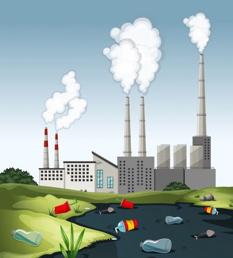 Scene with dirty water at the factory Premium Vector Save Earth Drawing, Factory Illustration, Water Clipart, Pencemaran Udara, Building Landscape, Industrial Background, Earth Drawings, Water Pollution, The Factory