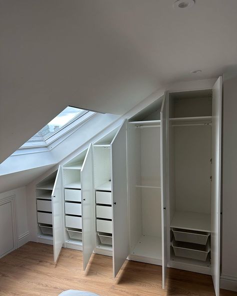 Sloped ceiling PAX IKEA wardrobe ✨ Send us a message to discuss creating your fitted wardrobe for a fraction of the price.🏡 | Instagram Pax Sloped Ceiling, Ikea Pax Sloped Ceiling, Sloped Wardrobe, Wardrobe Sloped Ceiling, Slanted Closet Ideas Sloped Ceiling, Sloped Ceiling Wardrobe, Bedroom With Sloped Ceiling, Pax Ikea Wardrobe, Slanted Ceiling Closet