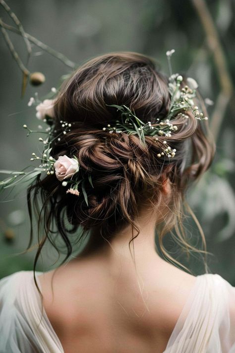 Forest Fairy Wedding Hair, Enchanting Wedding Makeup, Woodland Wedding Makeup, Midsummer Nights Dream Hairstyle, Wedding Hair Cottagecore, Fairy Crown Wedding Hair, Wedding Updo With Flowers, Fairy Wedding Hair Updo, Forest Wedding Hair