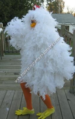 Homemade Chicken Couple Costume: I made this Homemade Chicken Couple Costume for my daughter after hours of searching for a unique and original costume online. I used a couple ideas I Chicken Costume Diy, Grape Costume, White Feather Boa, Duck Costume, Barnyard Bash, Chicken Costume, Preschool Program, Duck Costumes, Chicken Costumes