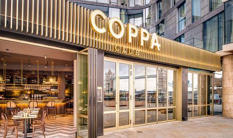 Coppa Club Tower Bridge Coppa Club, Outdoor Restaurant Patio, Restaurant Signage, Retail Facade, Restaurant Exterior, Retail Signage, Tower Bridge London, Shop Front Signage, Bar Design Restaurant