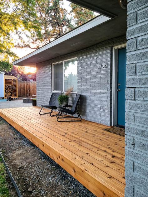 Front Of House Deck, Floating Deck Front Of House, Low Deck Front Of House, Add On Deck Ideas, Front Porch Ideas Concrete, Low Porch Ideas, Platform Front Porch, Back Porch Wood Deck Ideas, Wood Steps Front Porch