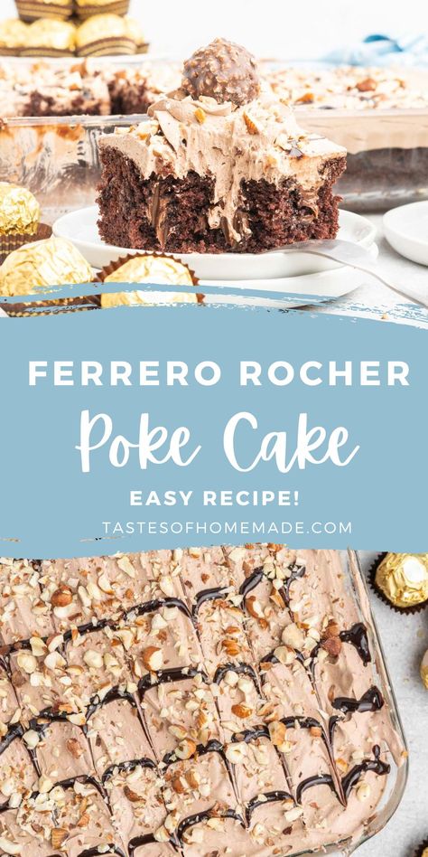 Indulge in the ultimate dessert with our irresistible Ferrero Rocher Nutella Poke Cake! This quick and easy recipe utilizes the convenience of boxed mixes, chocolate pudding, and Cool Whip topping for an indulgent, hazelnut-infused treat. The perfect way to satisfy your sweet cravings! Ferrero Rocher Tart, Ferrero Rocher Trifle, Ferrero Rocher Tres Leches Cake, Desserts With Chocolate Cake Mix Boxes, Nutella Poke Cake, Chocolate Pudding And Cool Whip, Ferrero Rocher Cake Recipe, Ferrero Rocher Dessert, Cool Whip Topping