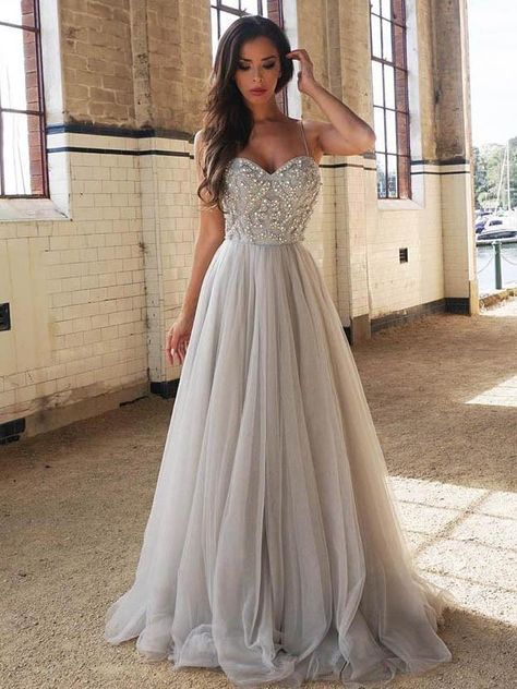 Silver Prom Dress, Evening Dresses Uk, Cheap Prom Dresses Long, Spaghetti Strap Prom Dress, Prom Dresses 2019, Floor Length Prom Dresses, Beaded Prom Dress, A Line Prom Dresses, Tulle Prom Dress