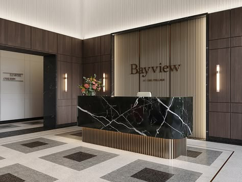 Residential Reception Lobby, Offices Reception Design, Reception Office Design Modern, Luxury Reception Desk Design, Small Office Lobby Design, Modern Reception Counter Design, Modern Hotel Lobby Reception, Small Reception Design, Reception Design Office