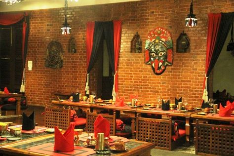 Nepali Restaurant, Newari Architecture, Nepali Architecture, Buffet Kitchen, Theme Restaurant, Traditional Restaurant, Themed Cafes, Restaurant Table, Restaurant Tables