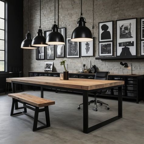 Monochrome Meets Metal ⚙️ This workspace blends minimalist vibes with industrial chic. A black metal desk and sleek pendant lamps create a statement, while a light wood tabletop adds warmth. Black & white art completes the look. #industrialchic #minimalistworkspace #workspacegoals #blackandwhiteaesthetic #wfhlife #industrialdesign #interiordesign #officespace #homeoffice #monochomedesign #blackandwhitedecor #minimalismlovers #workfromhome #functionalstyle #pendantlights #lightwoodaccents #w... Entrepreneur Office, Industrial Office Space, Black Metal Desk, Black Lifestyle, Metal Desk, Black Industrial, Black And White Decor, Black White Art, Black And White Aesthetic