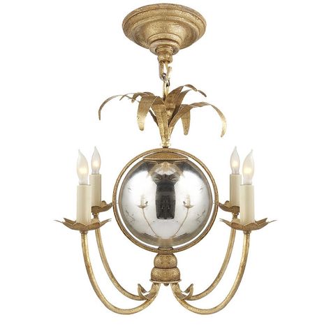 Classic style dominates this unique chandelier which features branching lamps and filigree detailing in a Gilded Iron finish orbiting an antique mirror globe. Can be used as a semi-flush mount ceiling light. 4x60 watt max candle base sockets. (15.75"Hx17"W). Canopy 5.75". Supplied with 3' of chain and 5' of wire. OAH 41.75" max. Visual Comfort Chandelier, Unique Chandeliers, Small Chandelier, Circa Lighting, Iron Chandeliers, Mini Chandelier, Chandelier Style, Chandelier Design, Vintage Mirror