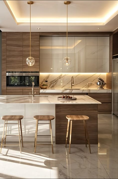 Kitchen Units Ideas Modern, Nude Kitchen Ideas, Brown Kitchen Ideas, Modern Wood Kitchen, Taupe Kitchen, Rose Gold Kitchen, Living Room And Kitchen Design, Kitchen Lighting Design, Dream Kitchens Design