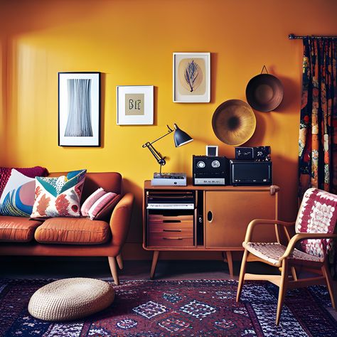 Dream living room warm 1960s retro interior Scandinavian minimalist ochre wood burnt orange Dream Living Room, Living Room Warm, Scandinavian Minimalist, Retro Interior, Dream Living, Burnt Orange, 1960s, Living Room, Orange