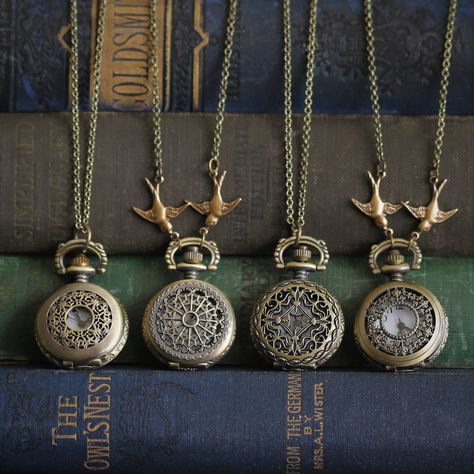 Small 25mm pocket watch necklace with a high quality quartz movement inside. Available in four styles. On 26 inches of antiqued brass chain, attached with 2 little Victorian birds. I can make this chain any length for no extra charge.  Just leave me a note at checkout! You can adjust the time by pulling up the knob and turning. Pressing the knob opens the watch. Each watch comes in a gift box with instructions and a spare battery. Victorian Pocket Watch, Old Pocket Watches, Pocket Watch Necklace, Mechanical Pocket Watch, Pocket Watches, Fantasy Jewelry, Gifts For Wedding Party, Watch Necklace, Brass Chain