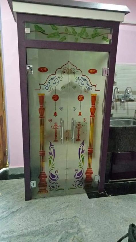 Mandir Door Glass Design, Pooja Room Glass Door Design Indian, Mandir Glass Door Design Puja Room, Mandir Glass Design, Mandir Glass Door Design, Latest Pooja Room Designs, Mandir Door, Puja Decoration, Sahil Khan